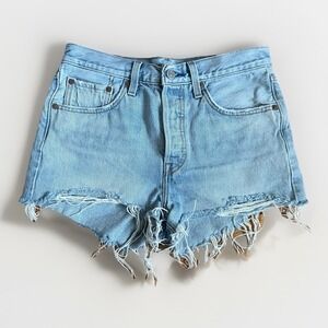 Levi's 501 Women 27 Blue Denim Shorts Original High Rise Distressed Raw Hem